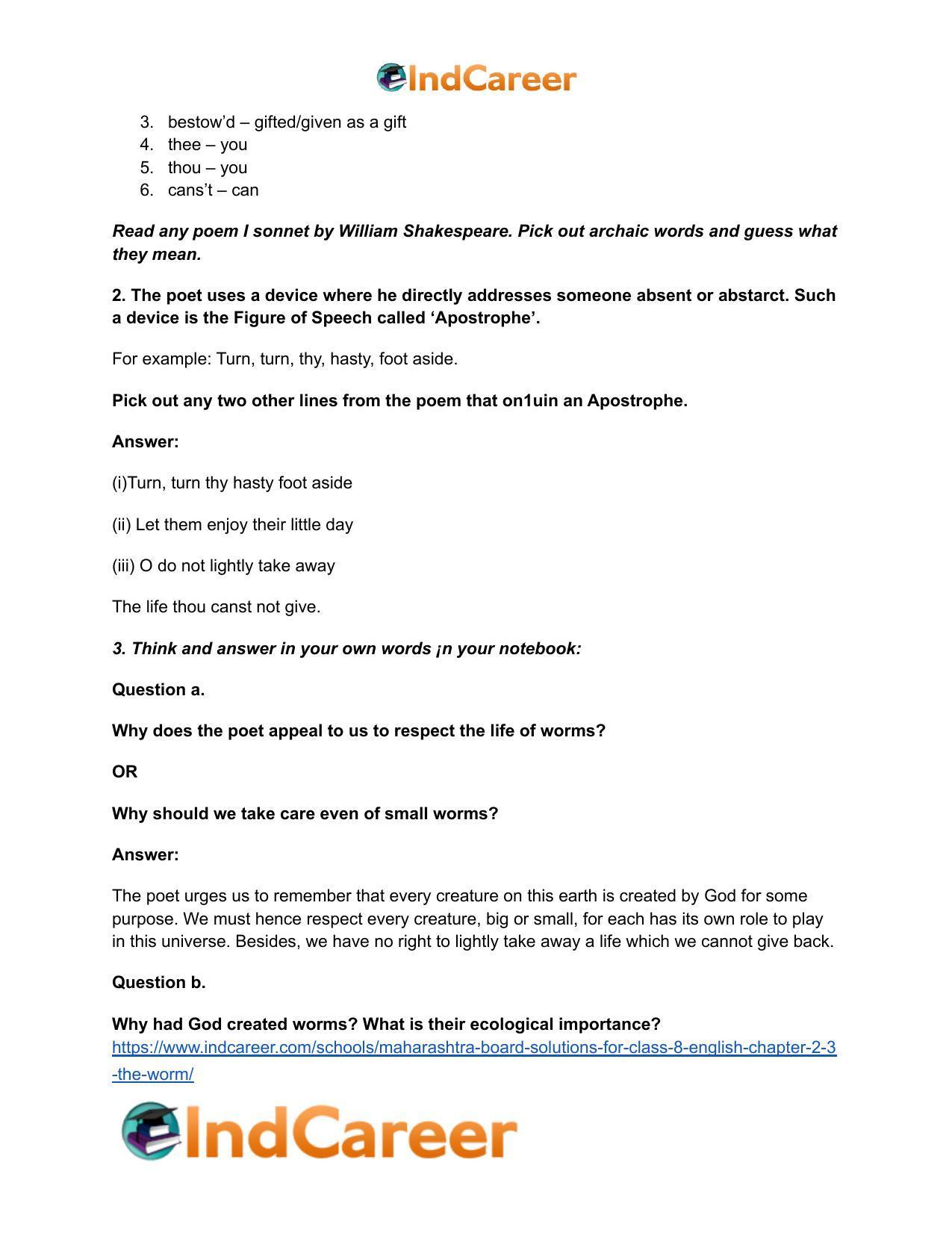 Maharashtra Board Solutions for Class 8- English: Chapter 2.3- The Worm - Page 5