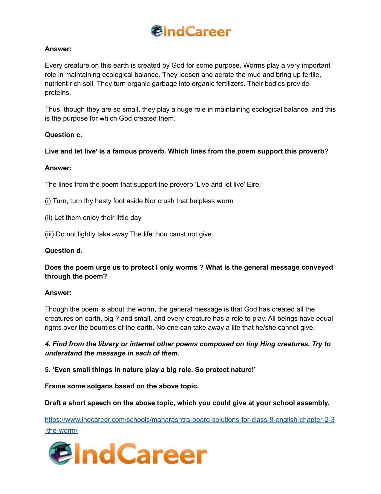 Maharashtra Board Solutions for Class 8- English: Chapter 2.3- The Worm - Page 6