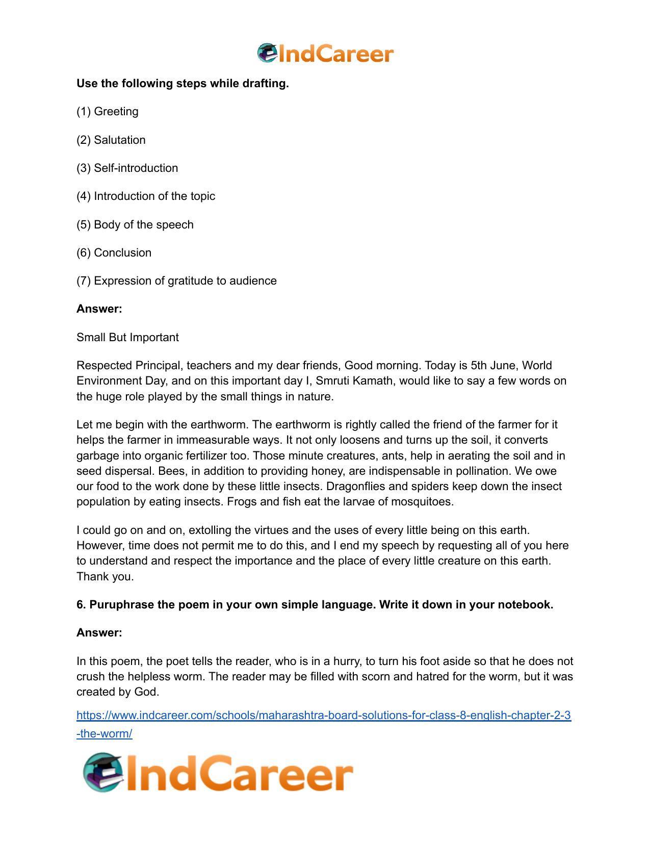 Maharashtra Board Solutions for Class 8- English: Chapter 2.3- The Worm - Page 7