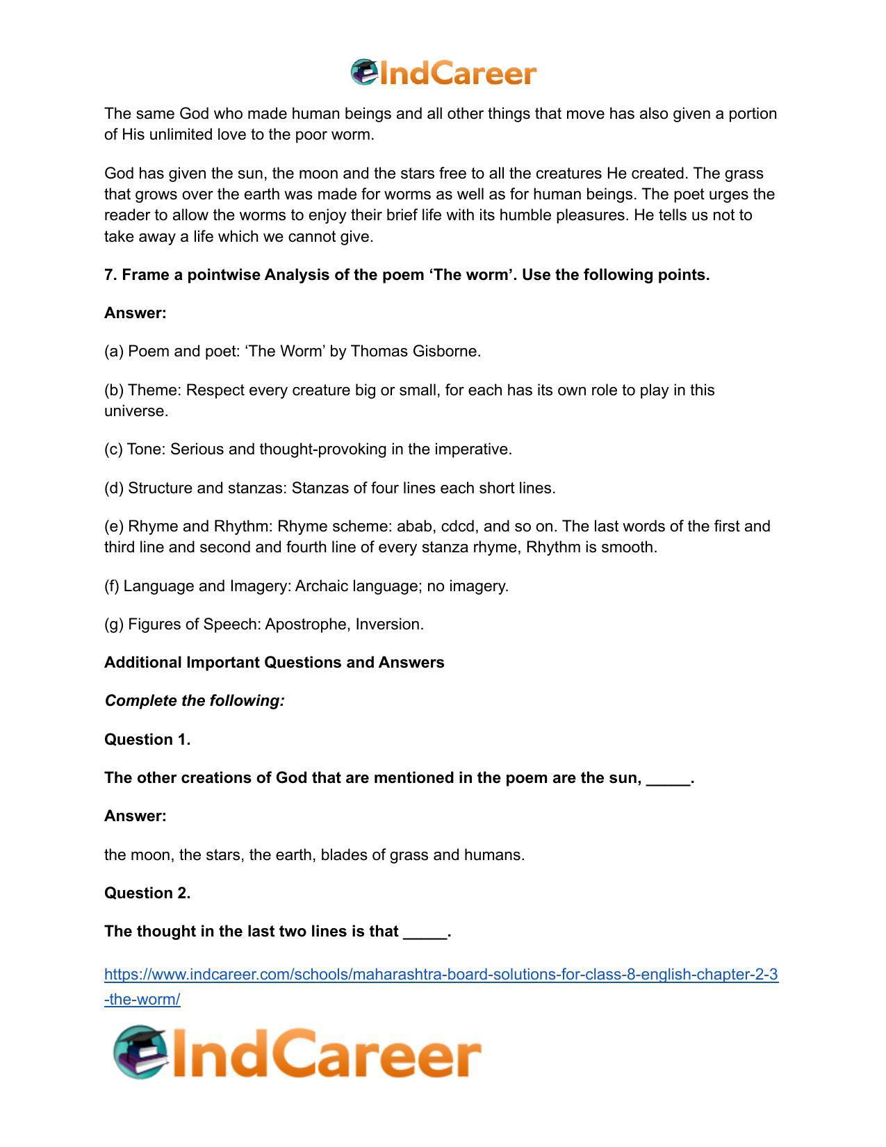 Maharashtra Board Solutions for Class 8- English: Chapter 2.3- The Worm - Page 8