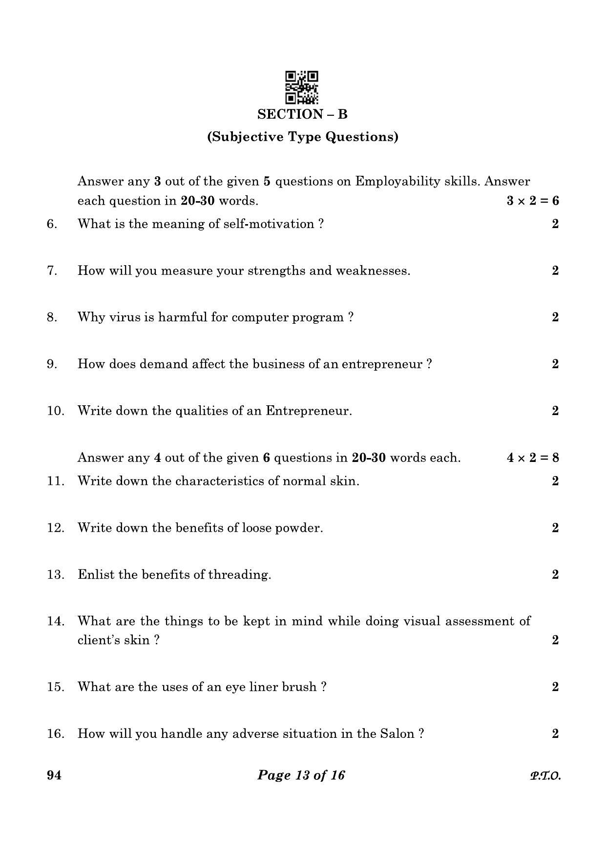 CBSE Class 10 94 Beauty And Wellness 2023 Question Paper - Page 13