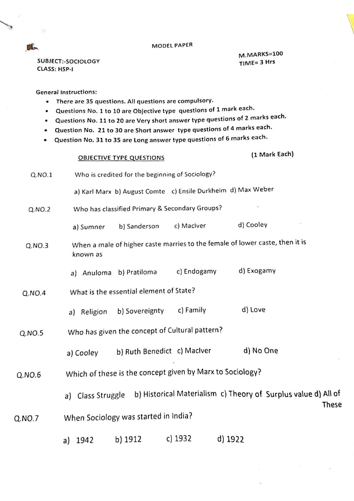 JKBOSE Class 11 Sociology Model Question Paper 2023 - Page 1
