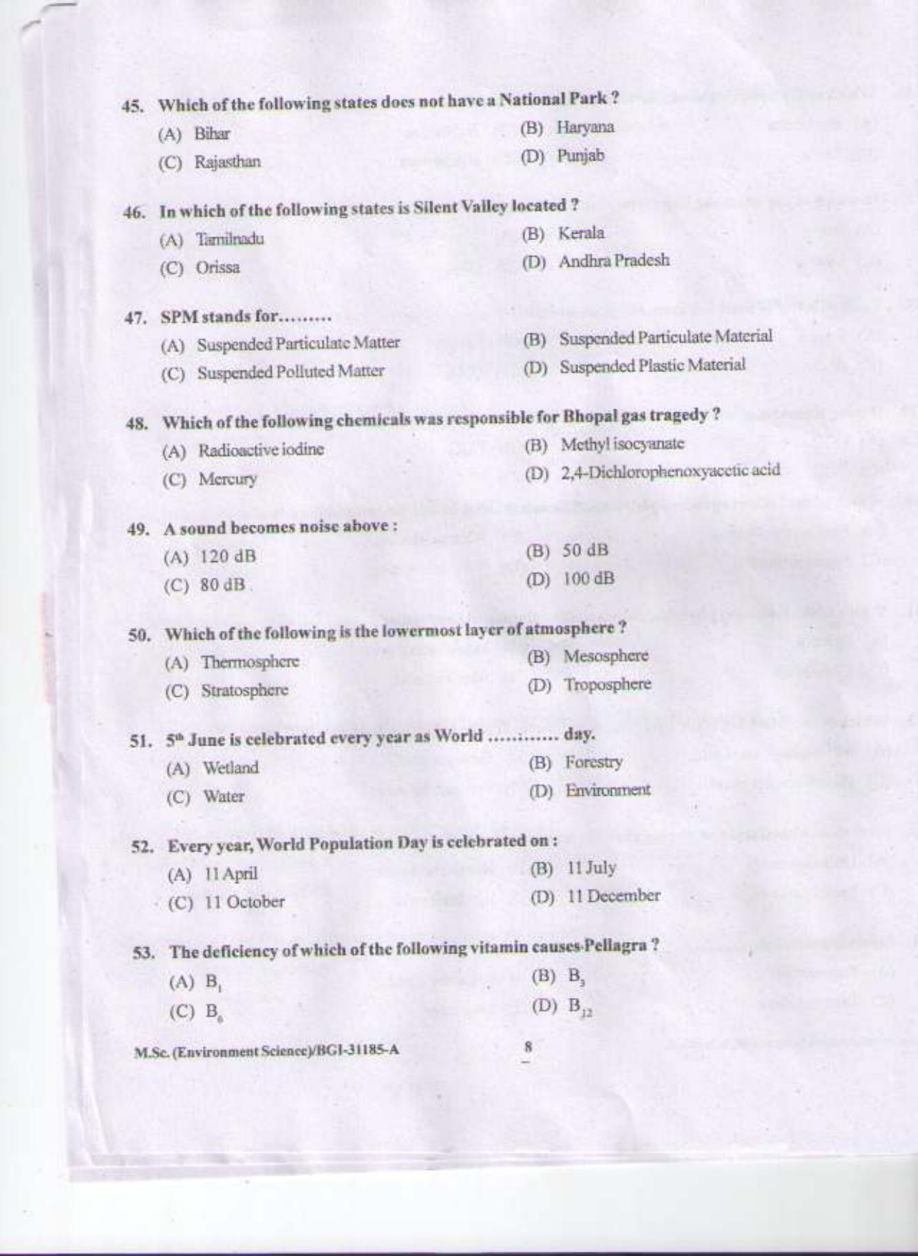 PU CET PG 2015: MSc (2yr)(Environment Sc.) Question Paper - Page 7