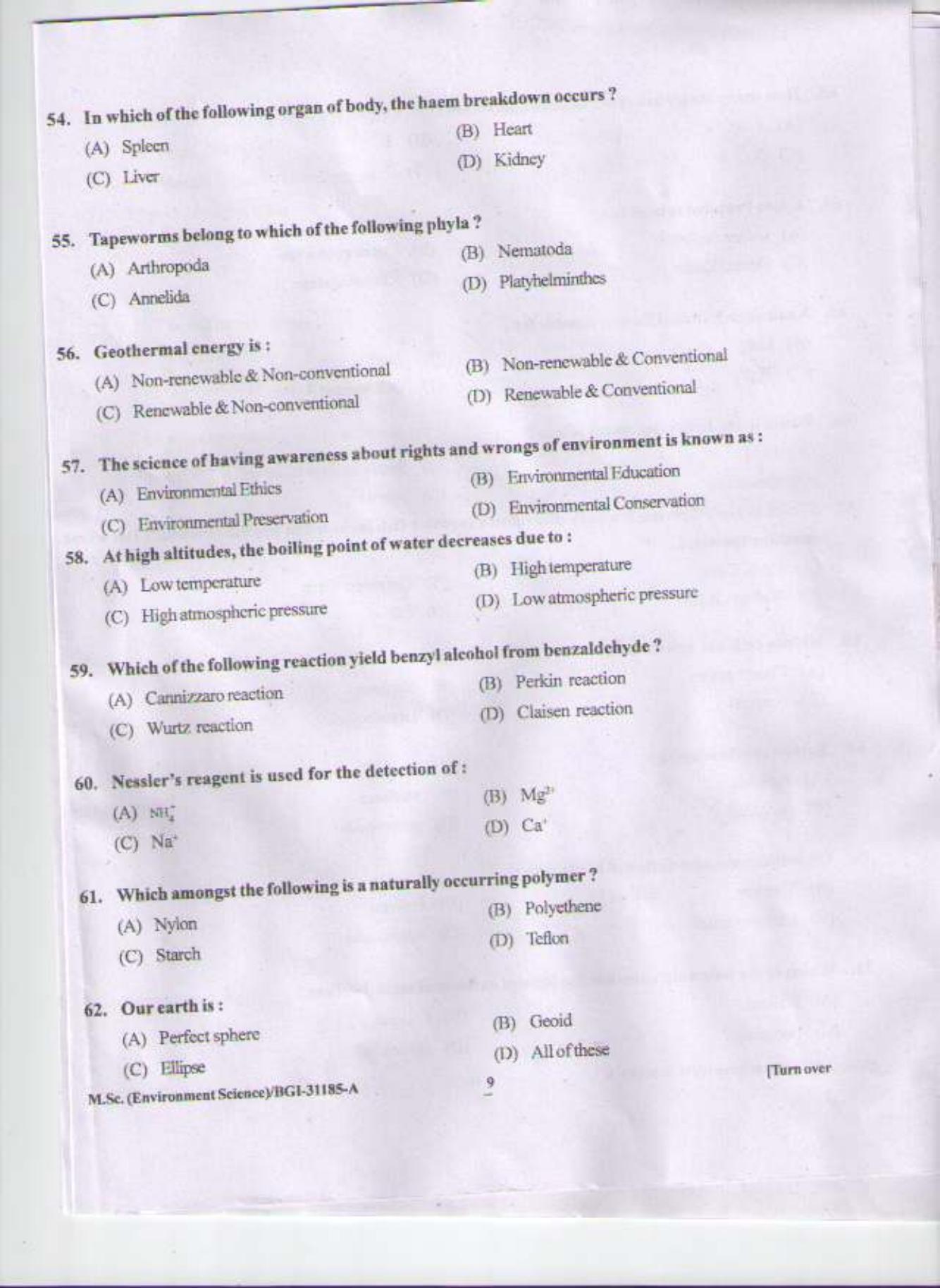 PU CET PG 2015: MSc (2yr)(Environment Sc.) Question Paper - Page 8