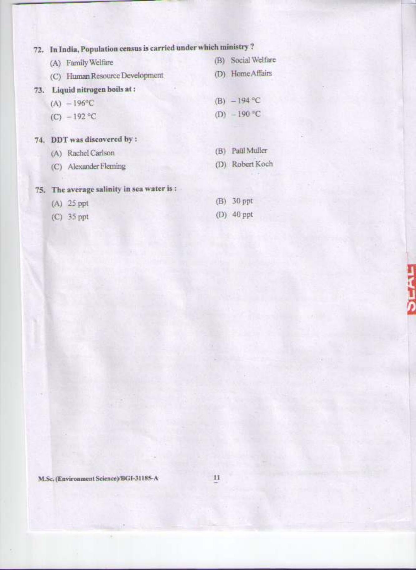 PU CET PG 2015: MSc (2yr)(Environment Sc.) Question Paper - Page 10