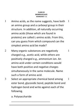 CBSE Worksheets for Class 11 Biology Biomolecule Assignment
