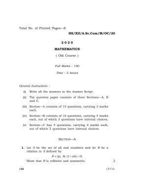 Meghalaya Board (MBOSE) Class 12 MATHEMATICS ( Old Course ) 2020 Question Paper