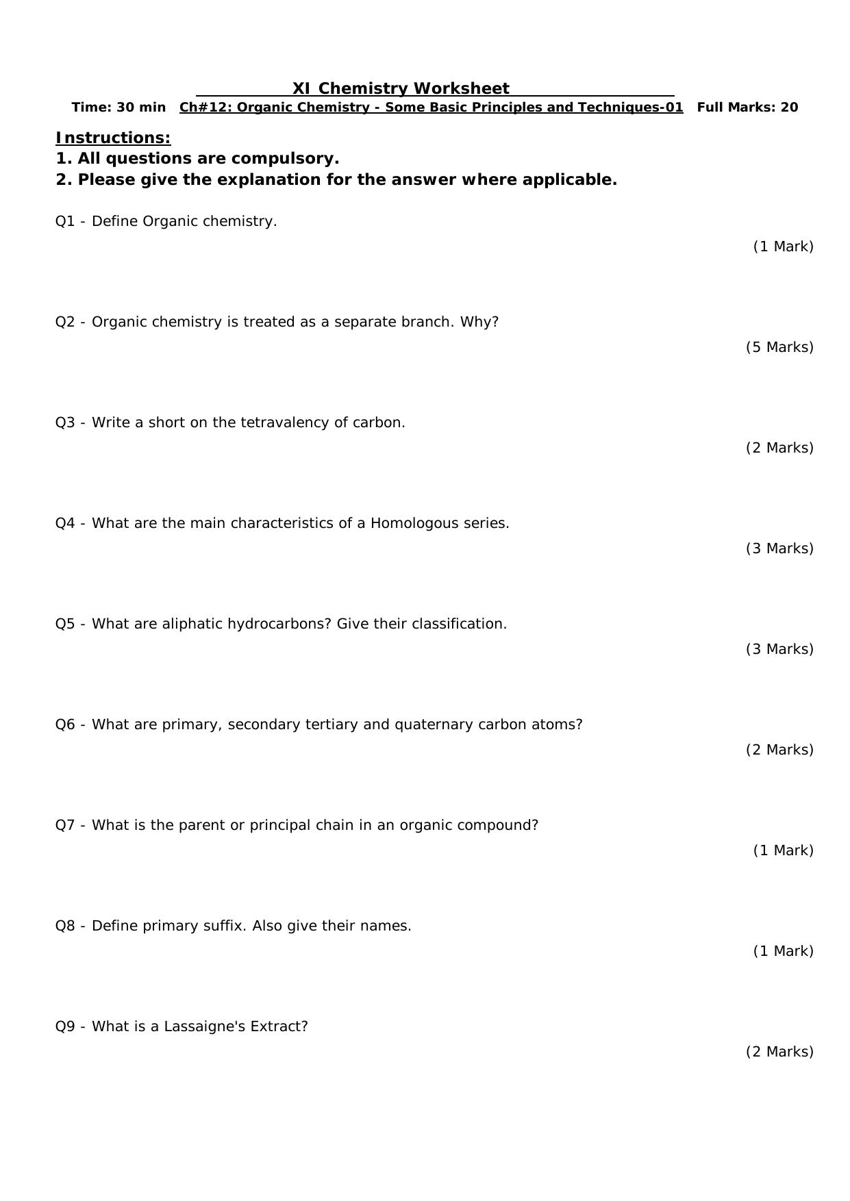 CBSE Worksheets for Class 11 Chemistry Organic Chemistry Assignment 1 - Page 1
