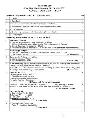 Kerala Plus One 2021 Accountancy with CA Answer Key