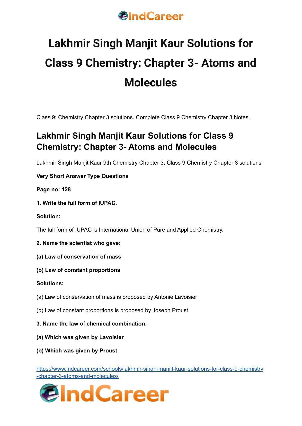 Lakhmir Singh Manjit Kaur  Solutions for Class 9 Chemistry: Chapter 3- Atoms and Molecules - Page 2