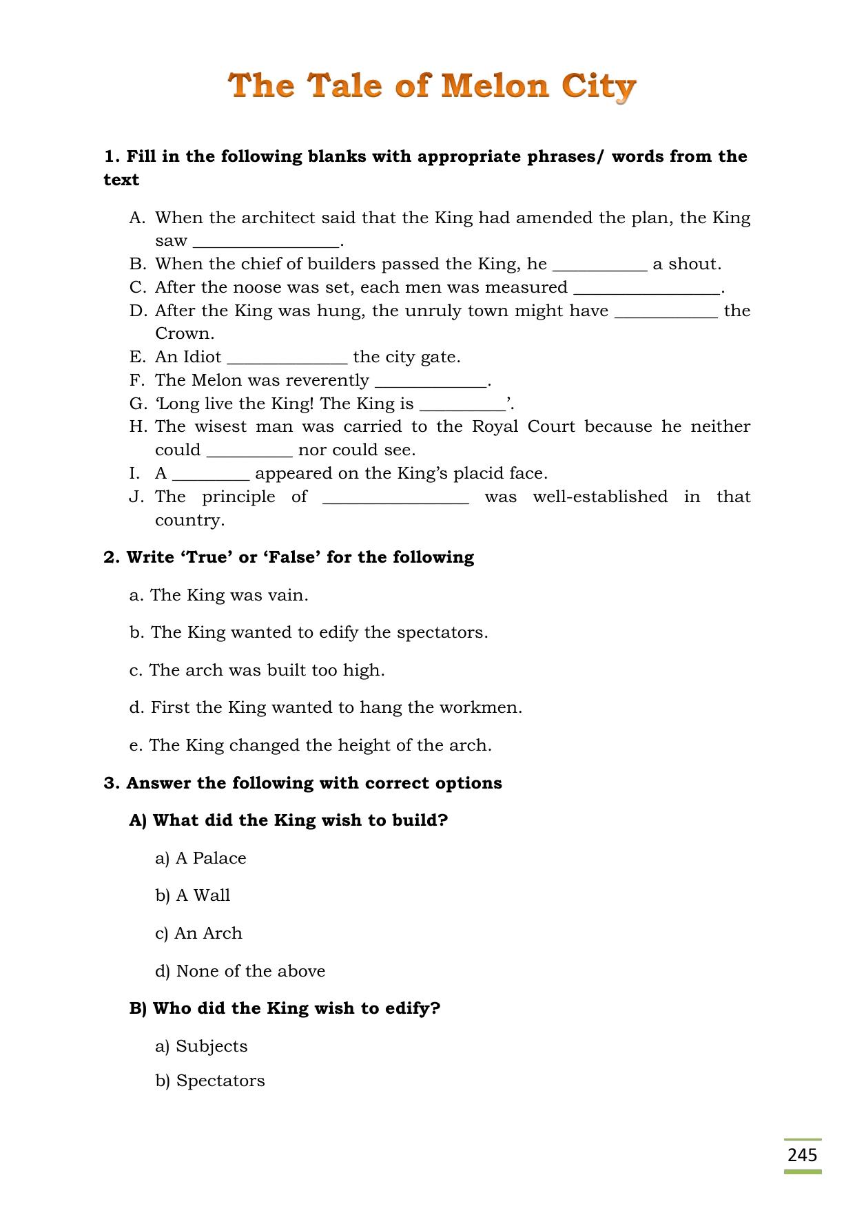 CBSE Worksheets for Class 11 English Tale of Melon City questions answers - Page 1