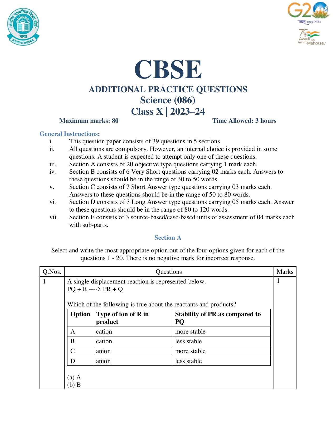 CBSE Class 10 Science Set 1 Practice Questions 2023-24 - Page 1
