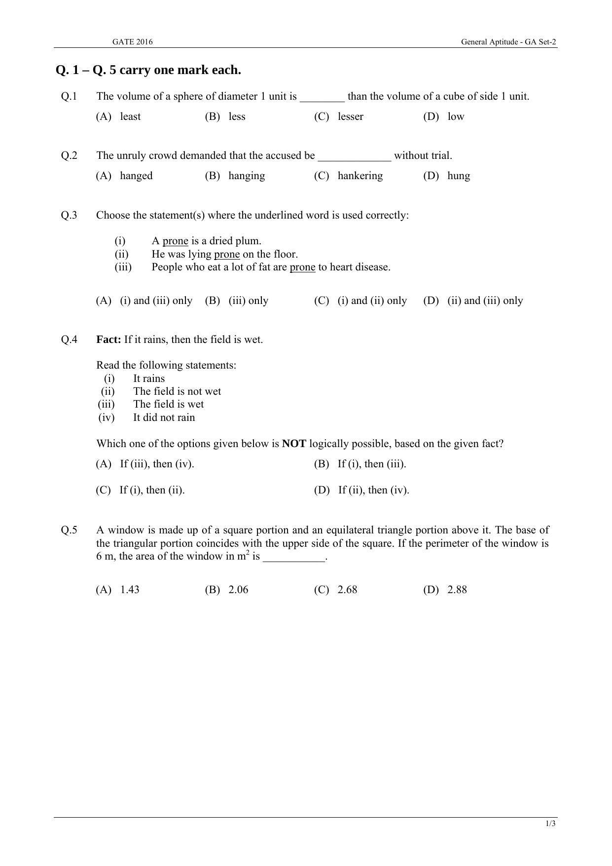 GATE 2016 Physics (PH) Question Paper with Answer Key - Page 1