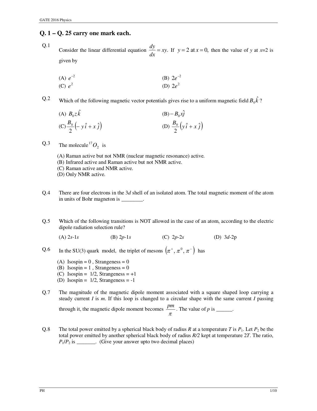 GATE 2016 Physics (PH) Question Paper with Answer Key - Page 4