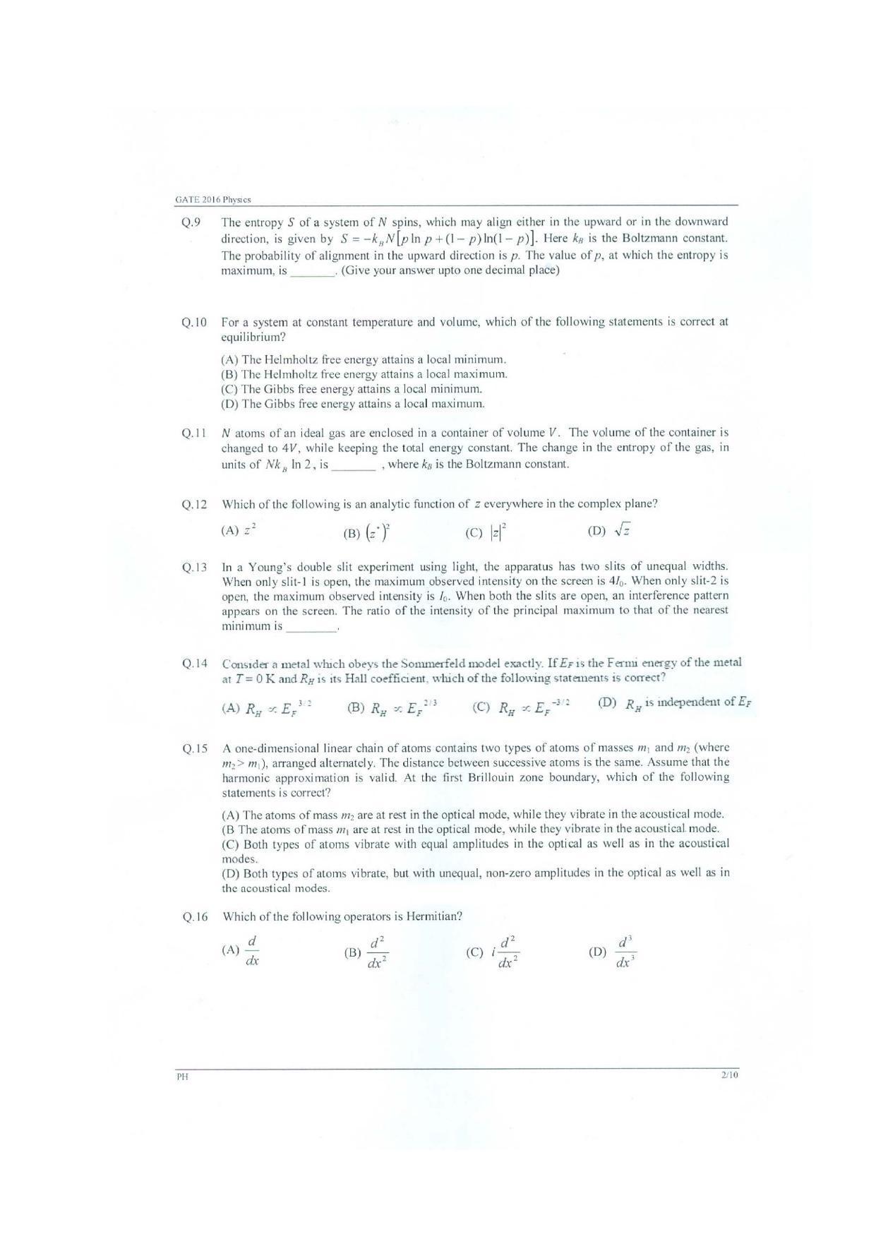 GATE 2016 Physics (PH) Question Paper with Answer Key - Page 5