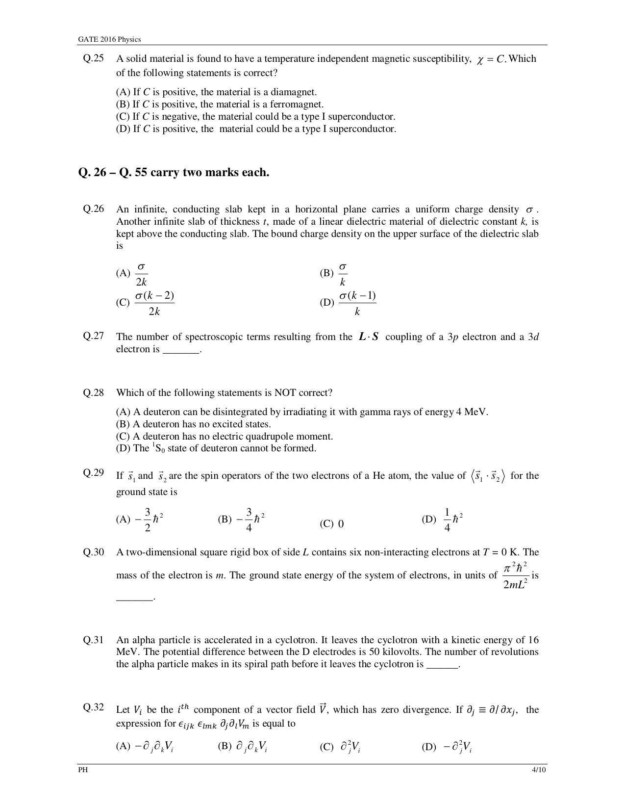 GATE 2016 Physics (PH) Question Paper with Answer Key - Page 7