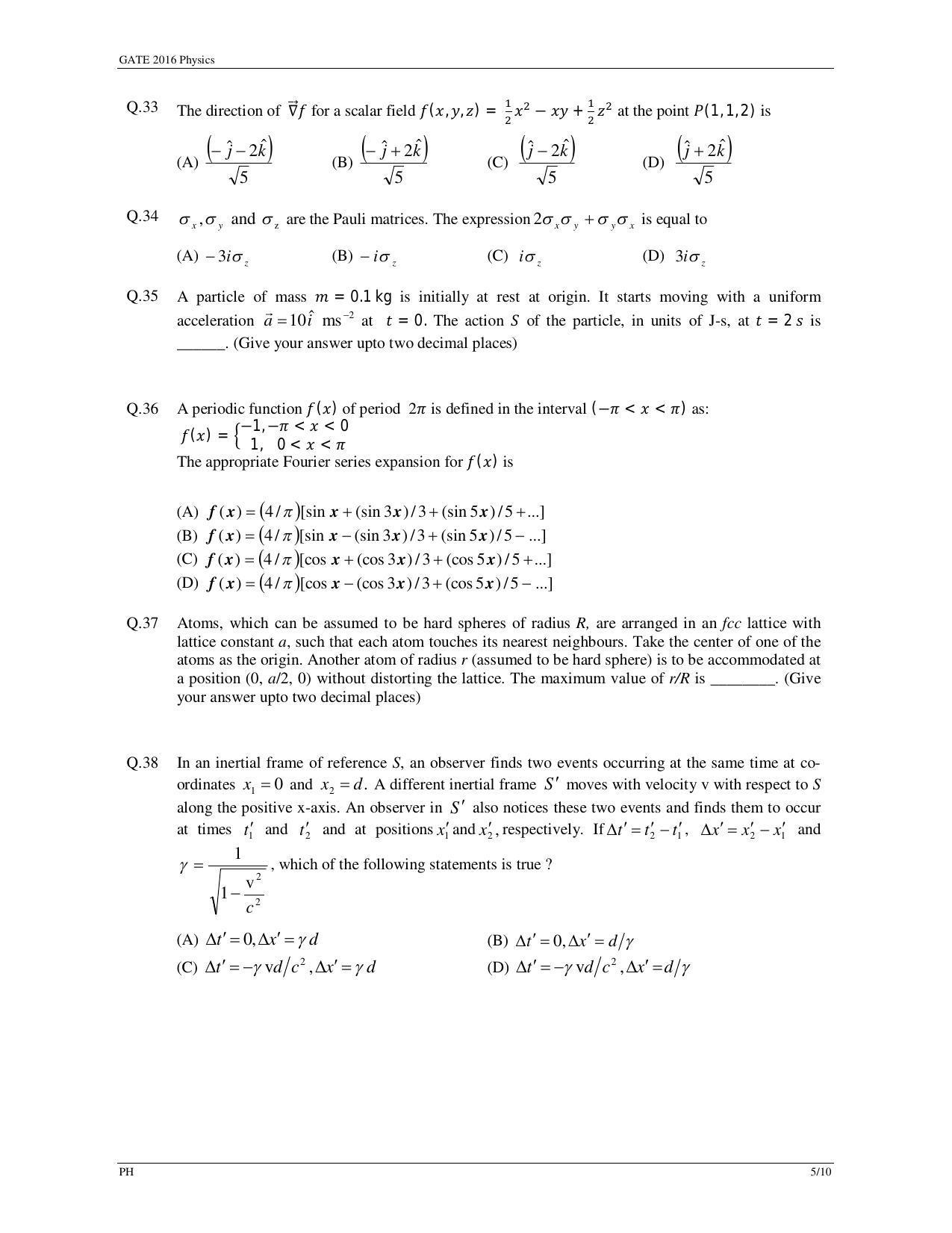 GATE 2016 Physics (PH) Question Paper with Answer Key - Page 8