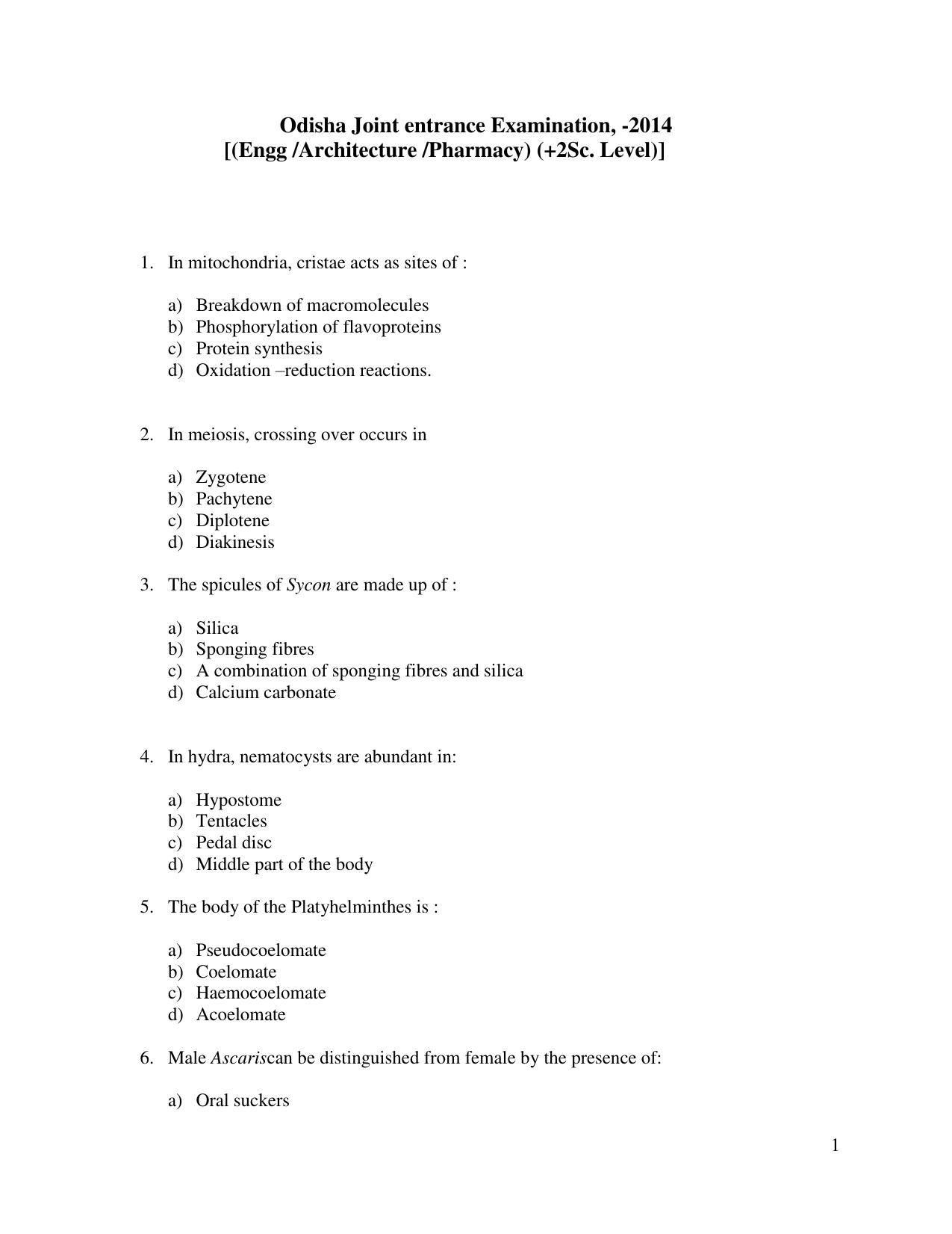 OJEE 2014 Zoology Question Paper - Page 1