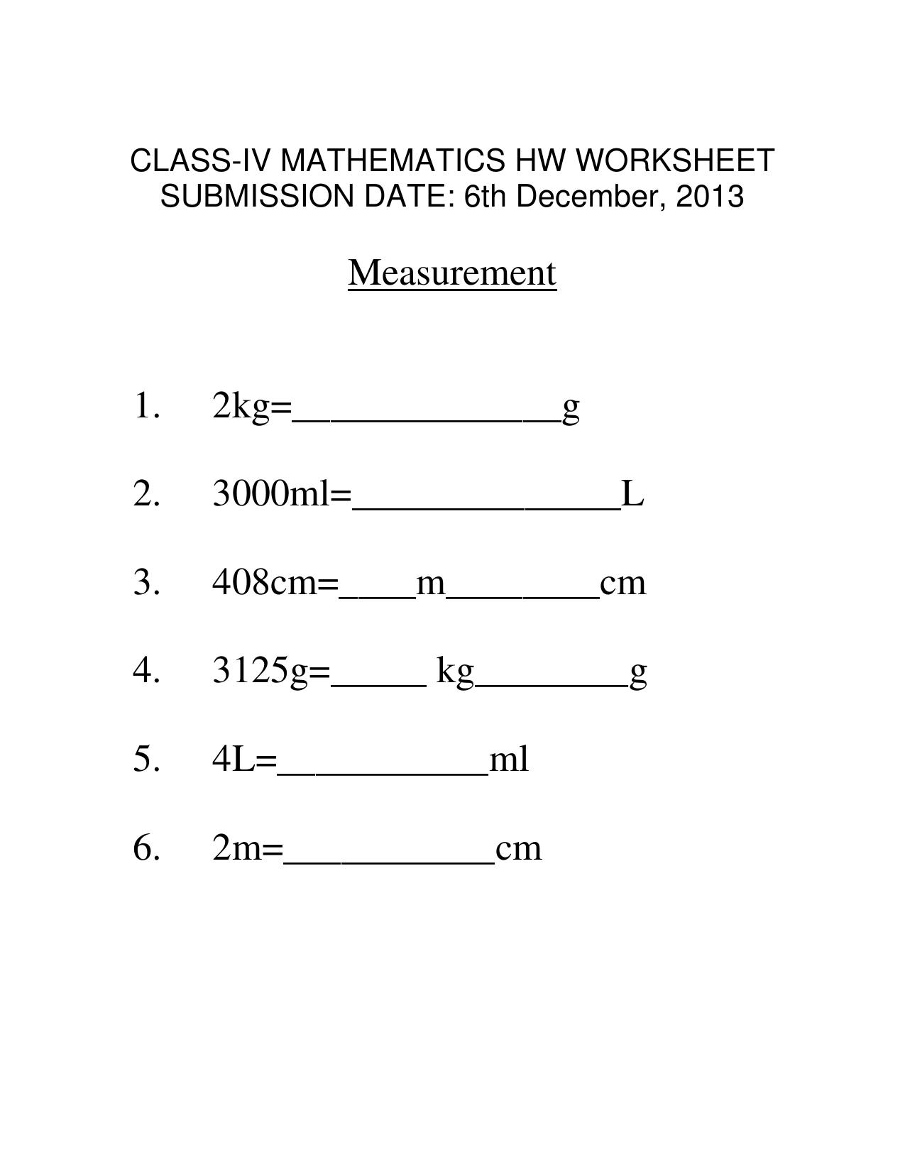 Worksheet for Class 4 Maths Assignment 41 Measurement - Page 1