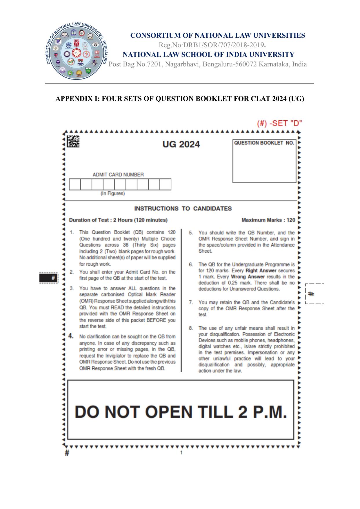 CLAT 2024 UG SET D Question Paper - Page 1