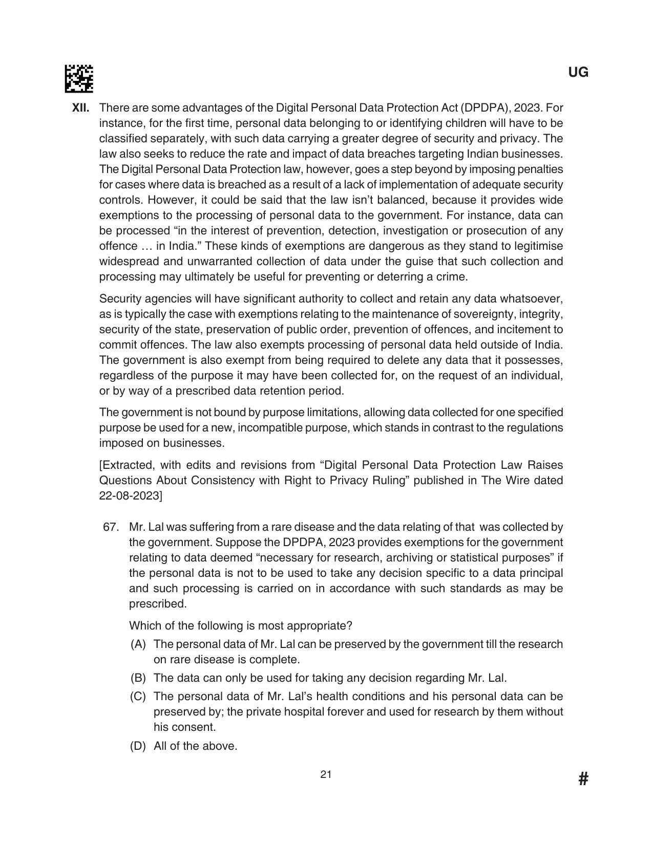 CLAT 2024 UG SET D Question Paper - Page 21
