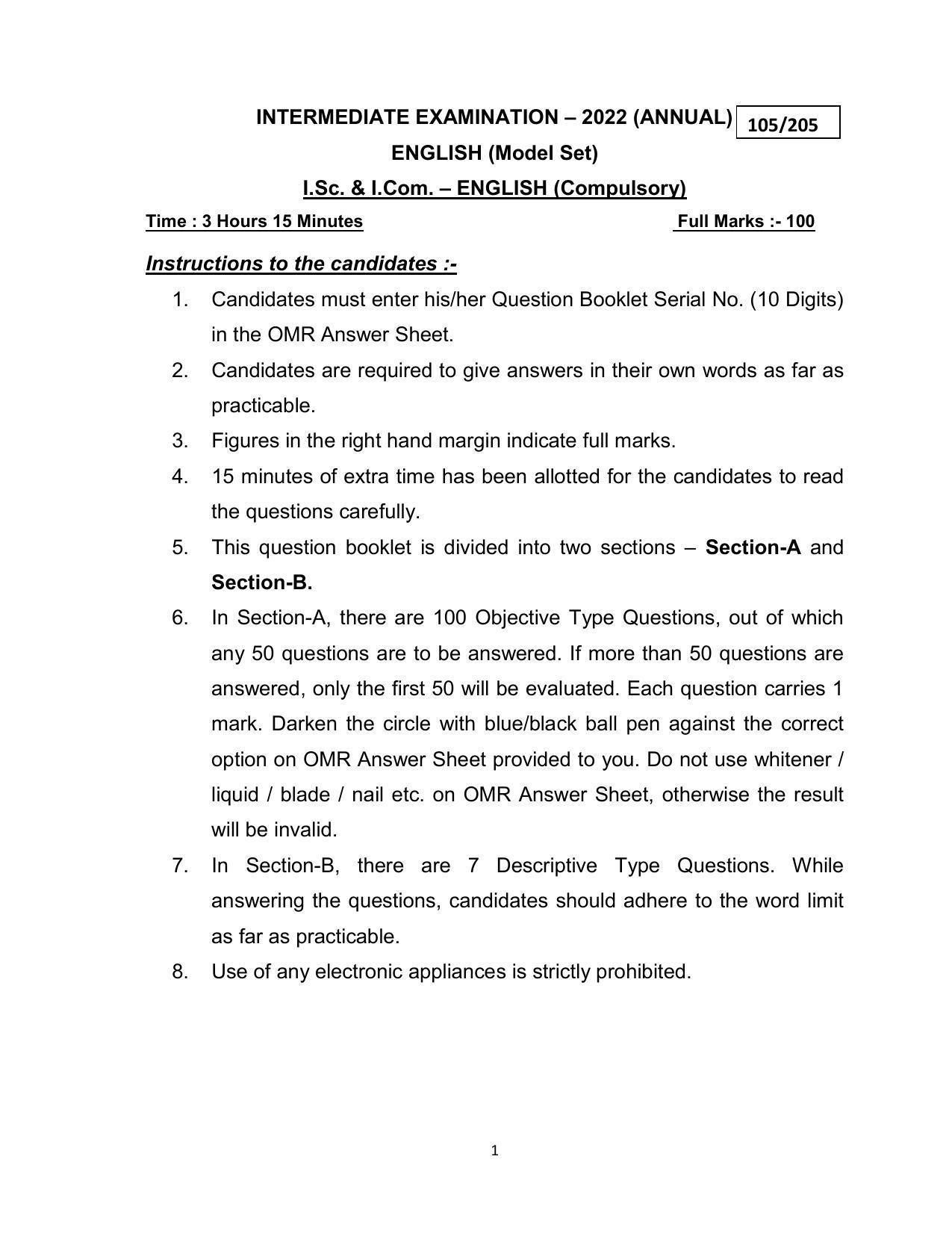 Bihar Board 12th Model Paper 2022 -English - (I.Sc. & I.Com.) - Page 1