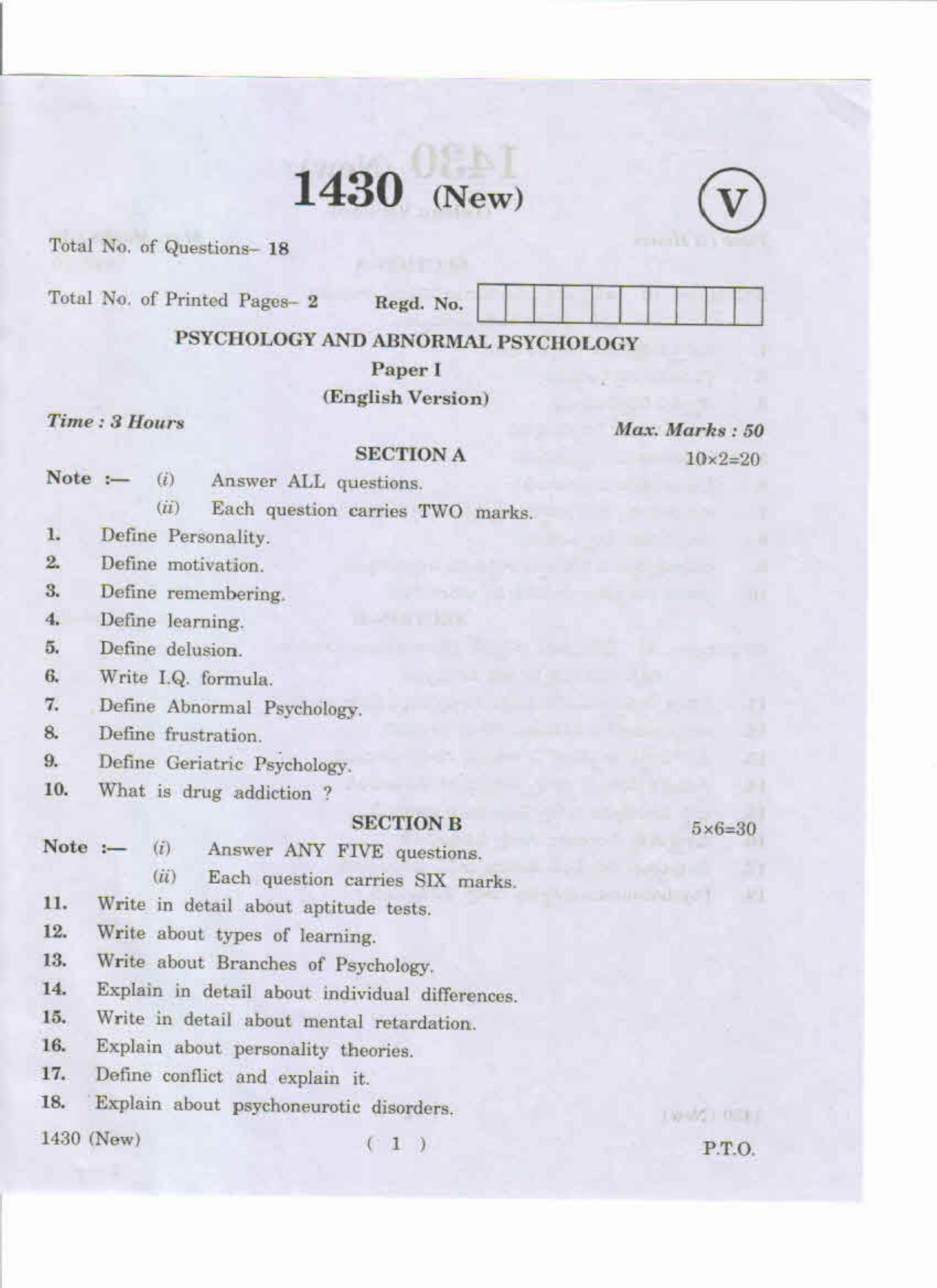 AP Inter 1st Year Psychology and Abnormal Psychology-I (New) May-2019-Vocational Question Paper - Page 1