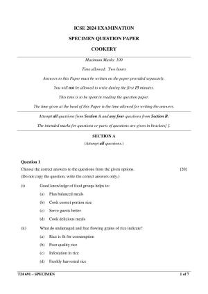 ICSE Class 10 2024 Cookery Sample Paper