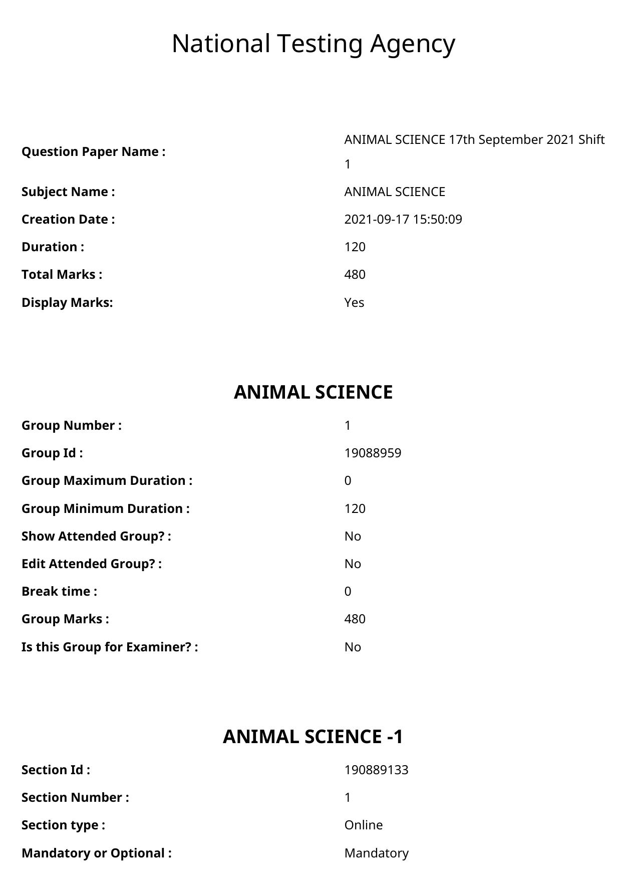 ICAR AIEEA PG 2021 ANIMAL SCIENCE Question Paper - Page 1