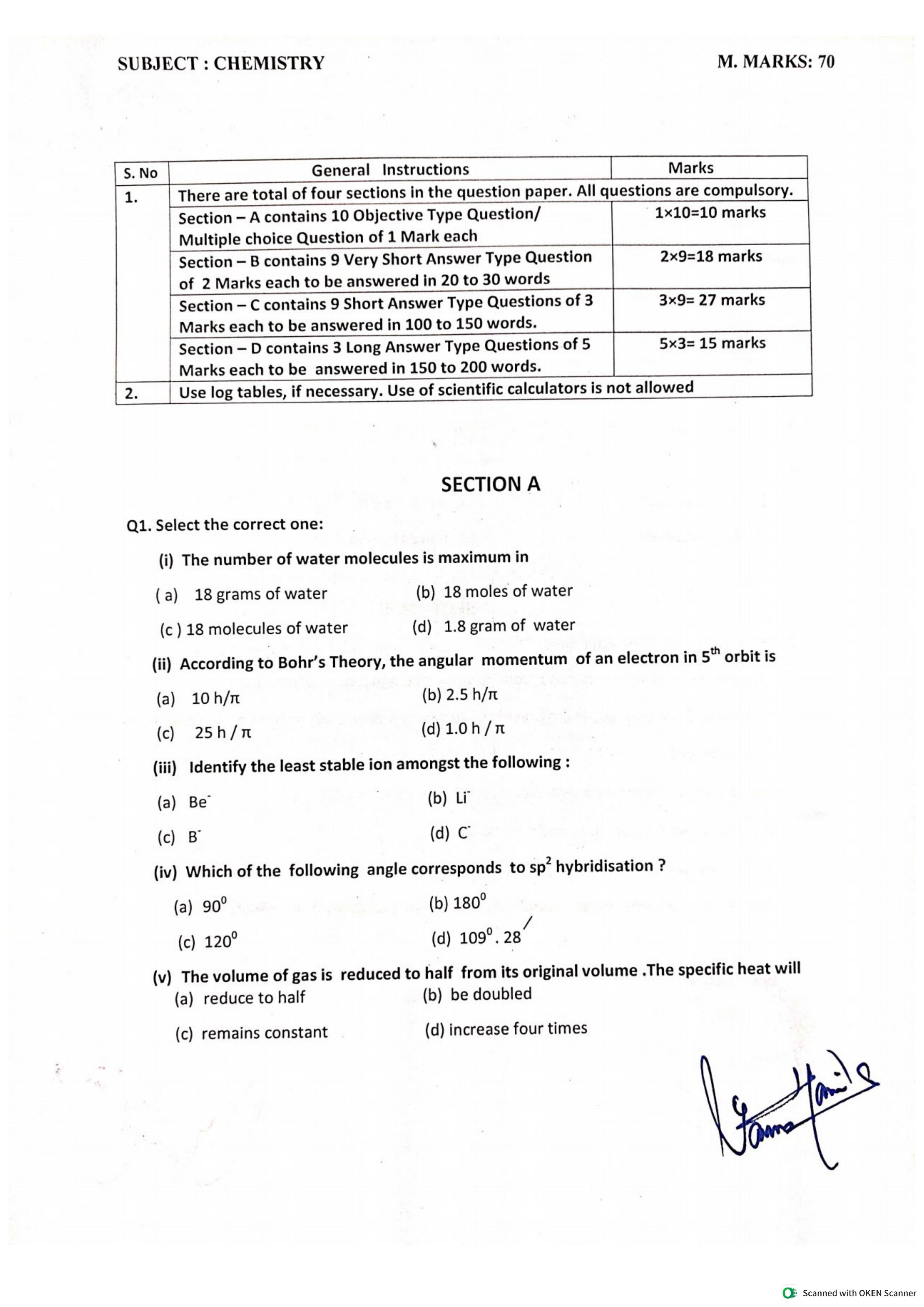 JKBOSE Class 11 Chemistry Model Question Paper - Page 1