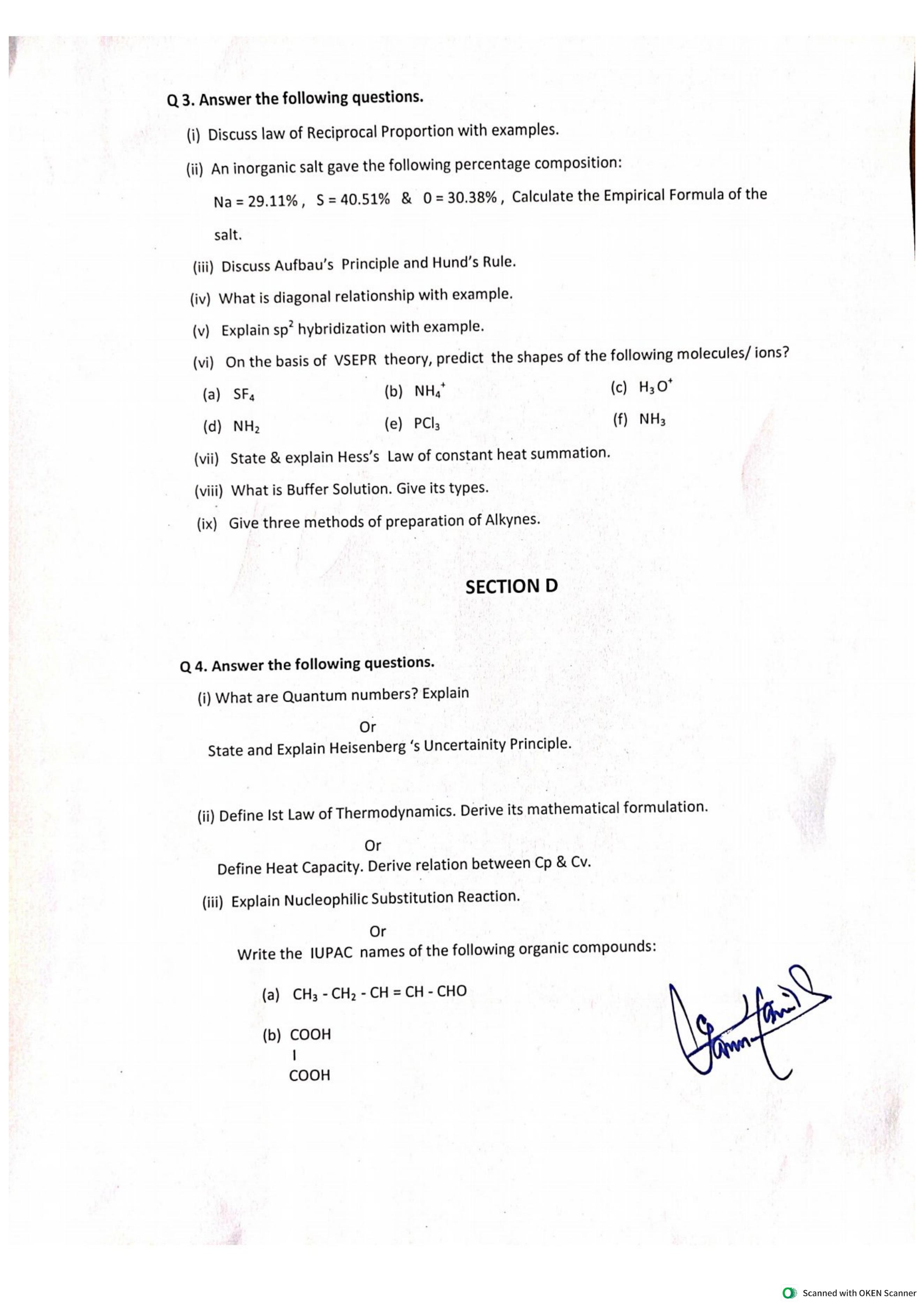JKBOSE Class 11 Chemistry Model Question Paper - Page 3