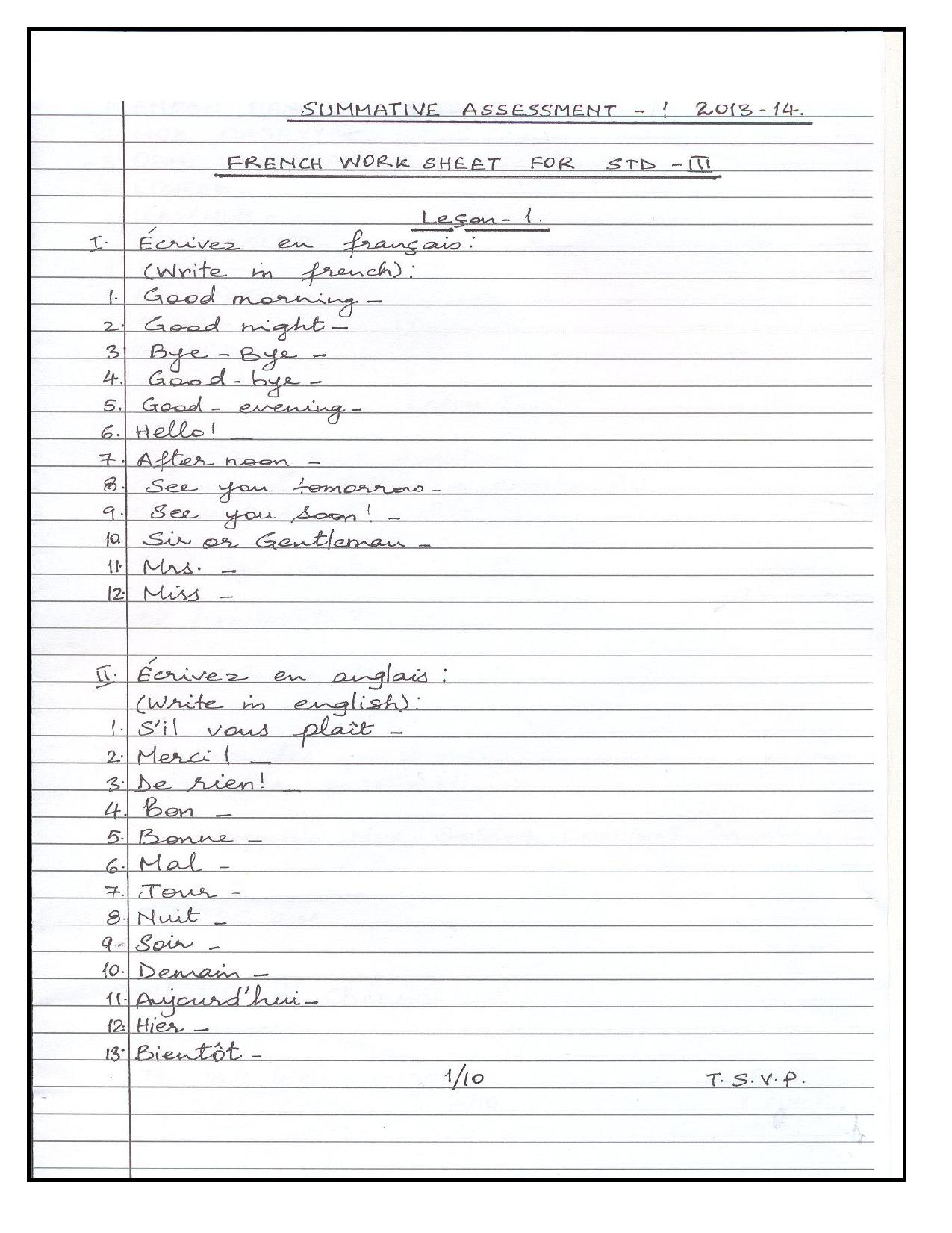 Worksheet for Class 3 French Assignment 6 - Page 1