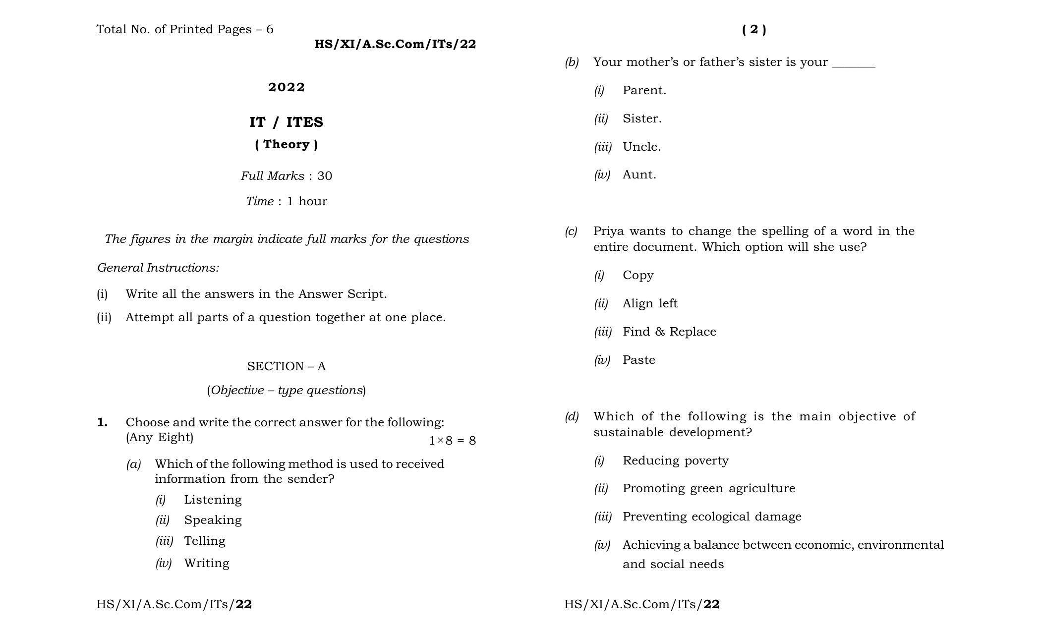Meghalaya Board (MBOSE) Class 11 IT  ITES (theory) 2022 Question Paper - Page 1