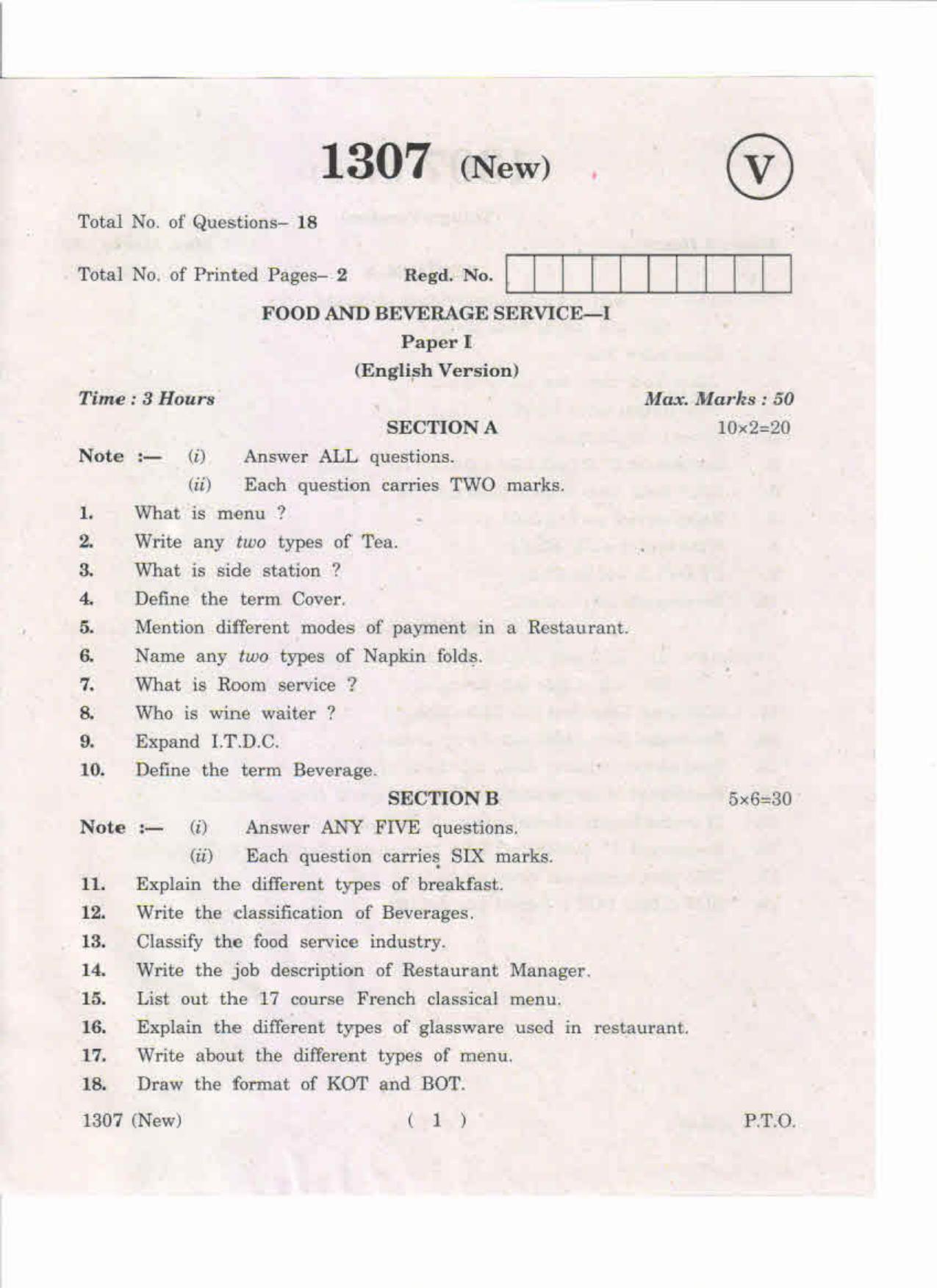 AP Inter 1st Year Food and Beverage Service-I (New) May-2019-Vocational Question Paper - Page 1