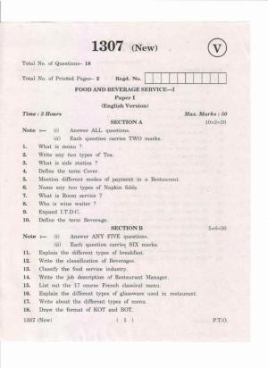AP Inter 1st Year Food and Beverage Service-I (New) May-2019-Vocational Question Paper