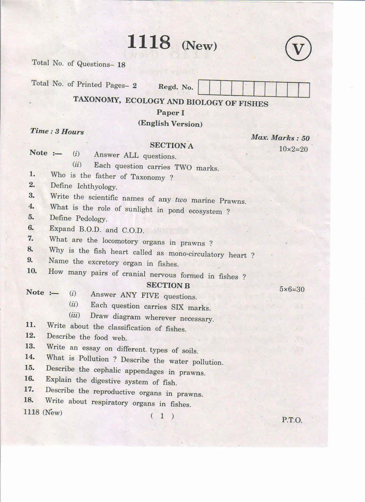 AP Inter 1st Year Taxonomy, Ecology and Biology of Fishes-I (New) May-2019-Vocational Question Paper - Page 1