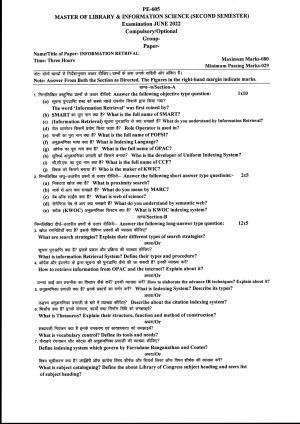 Bilaspur University Question Paper June 2022:Master Of Library & Information Science (Second Semester) Information Retrival Paper 1