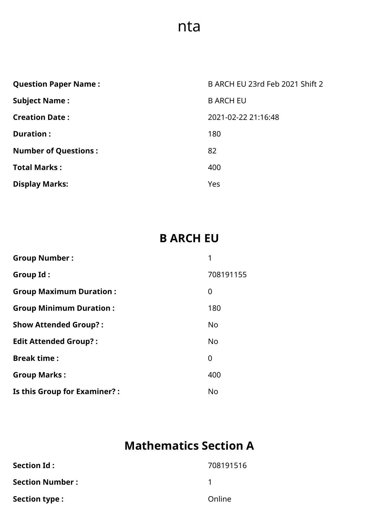 JEE Mains 2021: B.Arch Urdu (Shift 2) 23-02-2021 Question Paper - Page 1