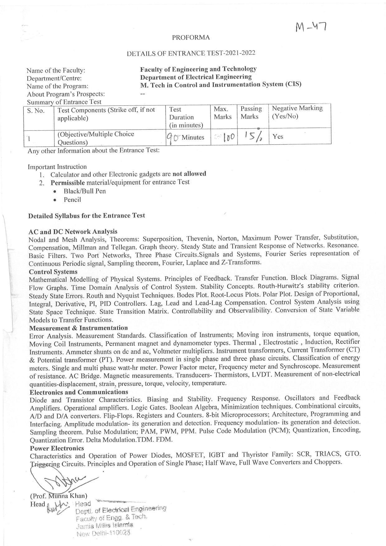JMI Entrance Exam M47-M.Tech (Control and Instrumentation System) Syllabus - Page 1