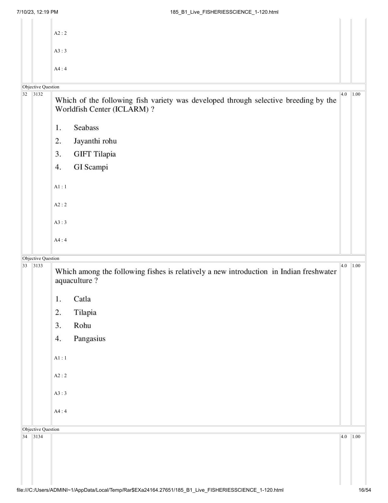 ICAR AIEEA PG 2023 FISHERIES SCIENCES Question Paper - Page 16