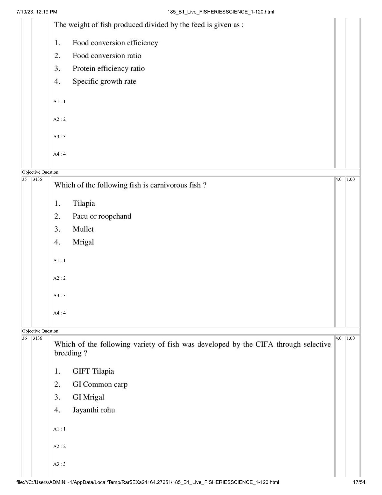 ICAR AIEEA PG 2023 FISHERIES SCIENCES Question Paper - Page 17