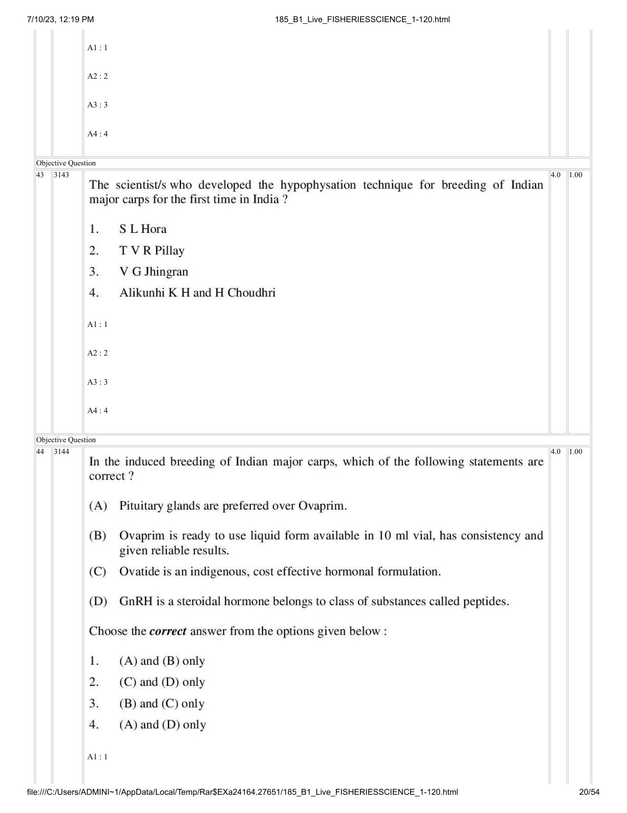 ICAR AIEEA PG 2023 FISHERIES SCIENCES Question Paper - Page 20