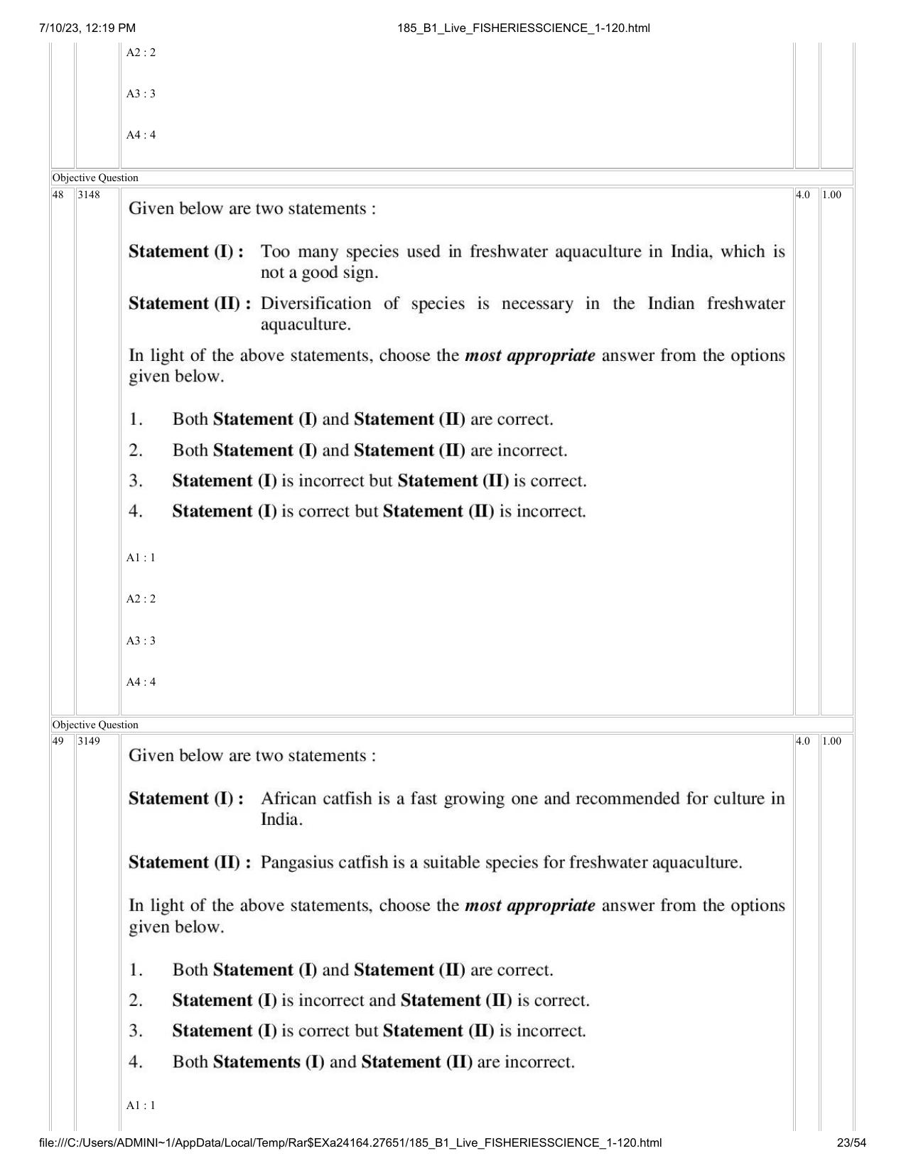 ICAR AIEEA PG 2023 FISHERIES SCIENCES Question Paper - Page 23