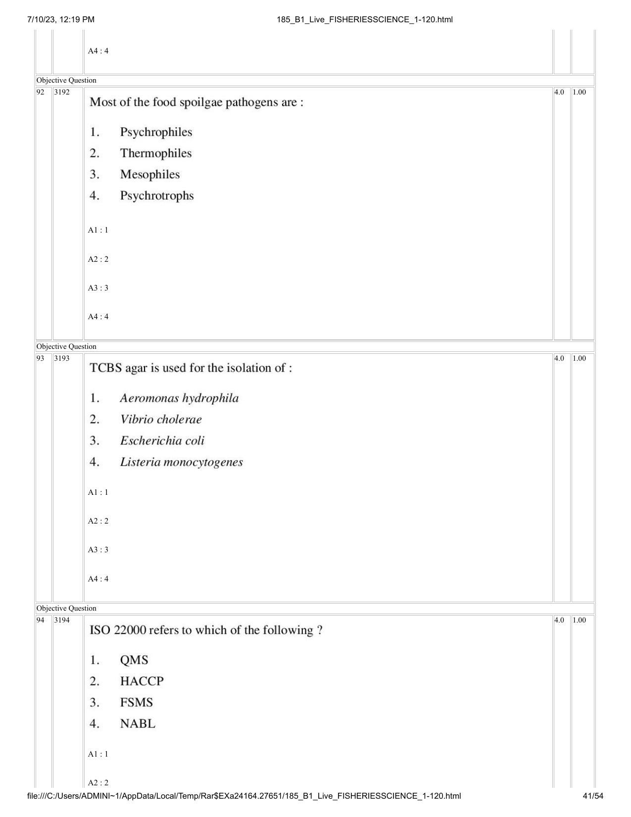 ICAR AIEEA PG 2023 FISHERIES SCIENCES Question Paper - Page 41