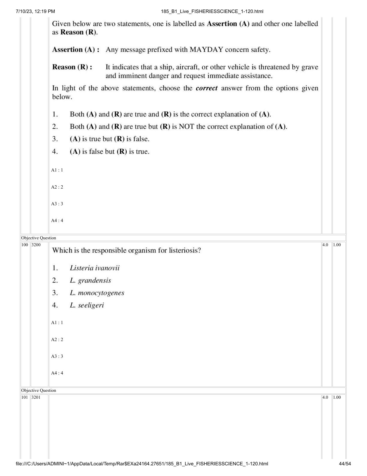 ICAR AIEEA PG 2023 FISHERIES SCIENCES Question Paper - Page 44