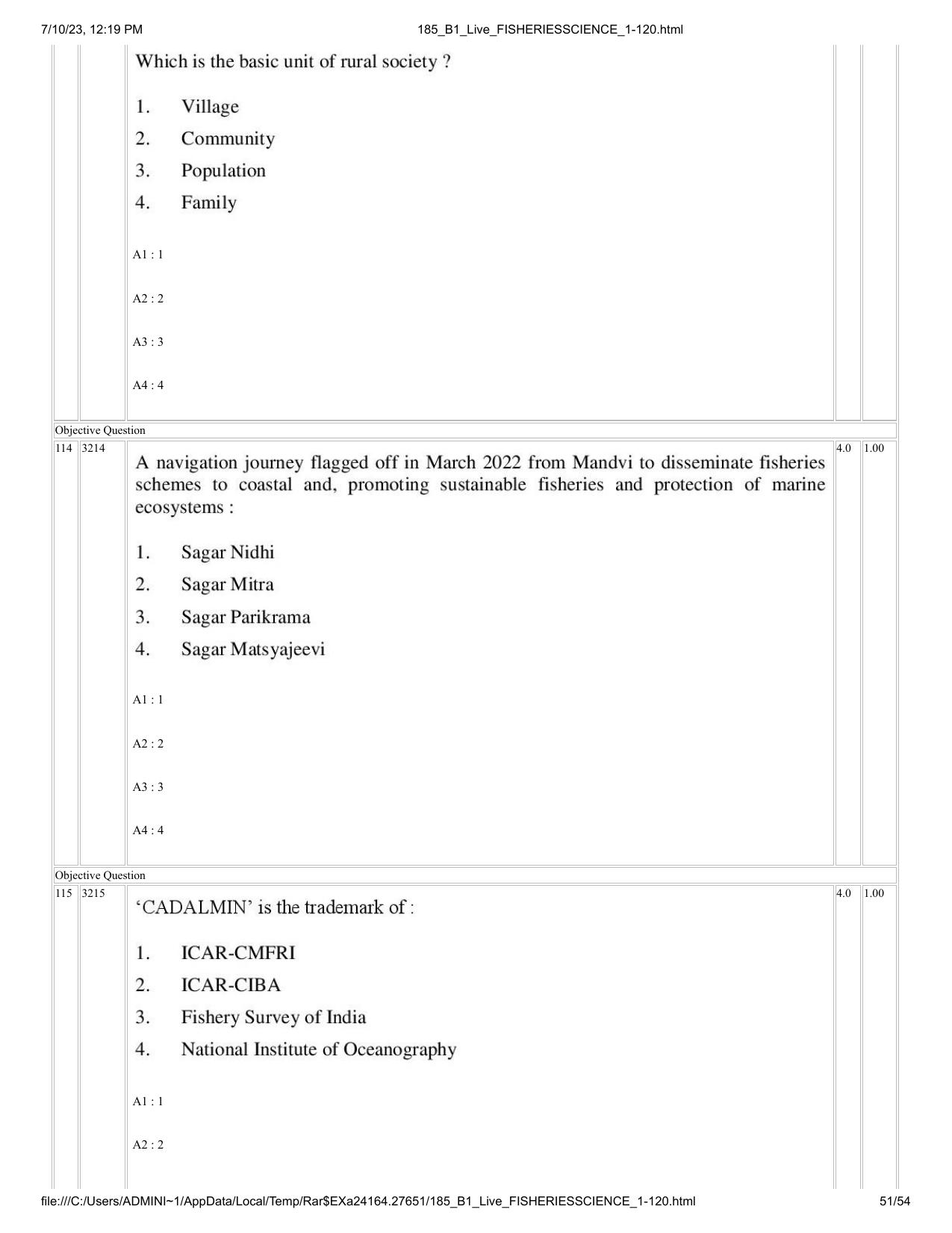 ICAR AIEEA PG 2023 FISHERIES SCIENCES Question Paper - Page 51