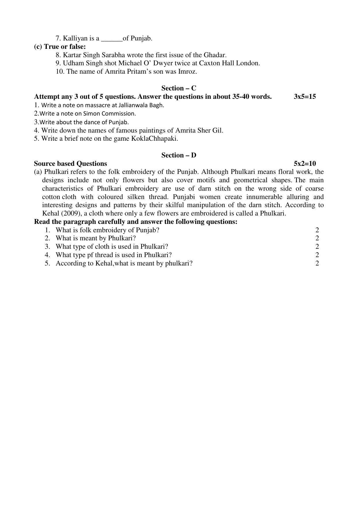PSEB Class 10 Punjab History and Culture-B (DA Students) Model Papers 2025 - Page 2