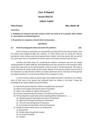 HP Board Class 9 English Model Paper