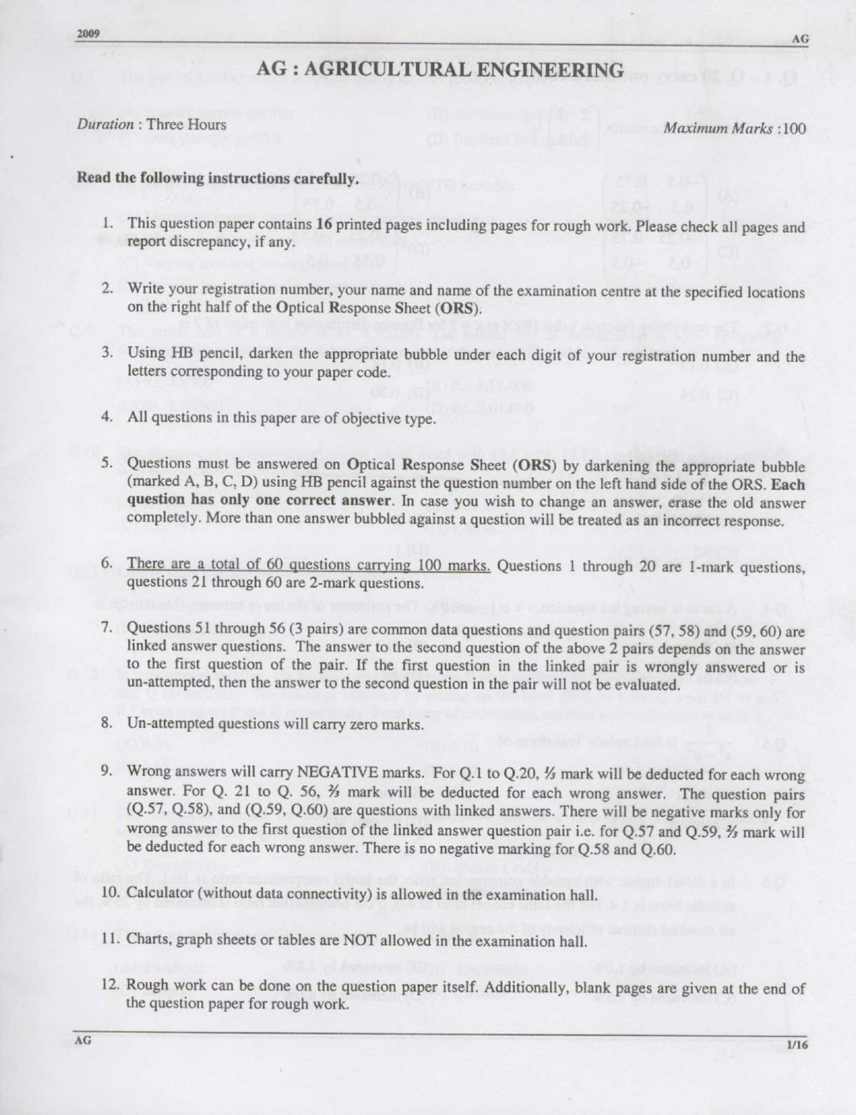 GATE 2009 Agricultural Engineering (AG) Question Paper with Answer Key - Page 1