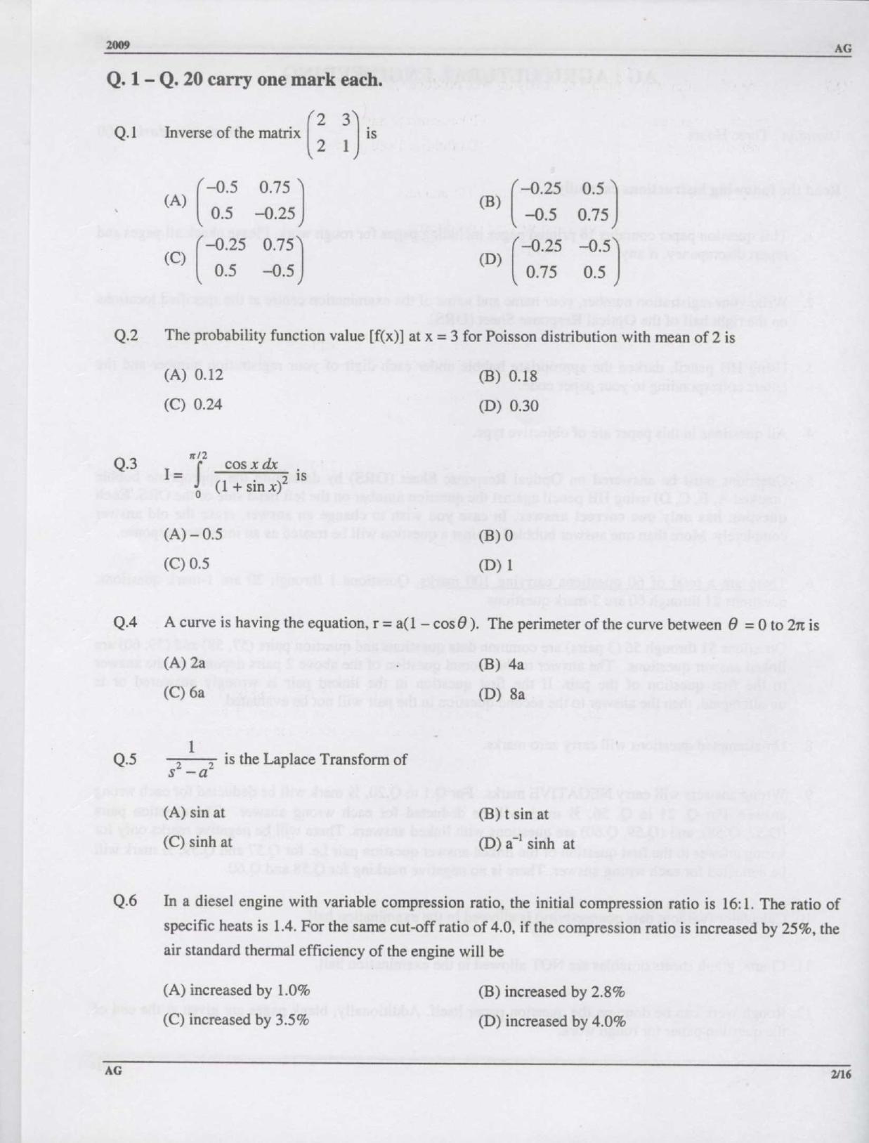 GATE 2009 Agricultural Engineering (AG) Question Paper with Answer Key - Page 2